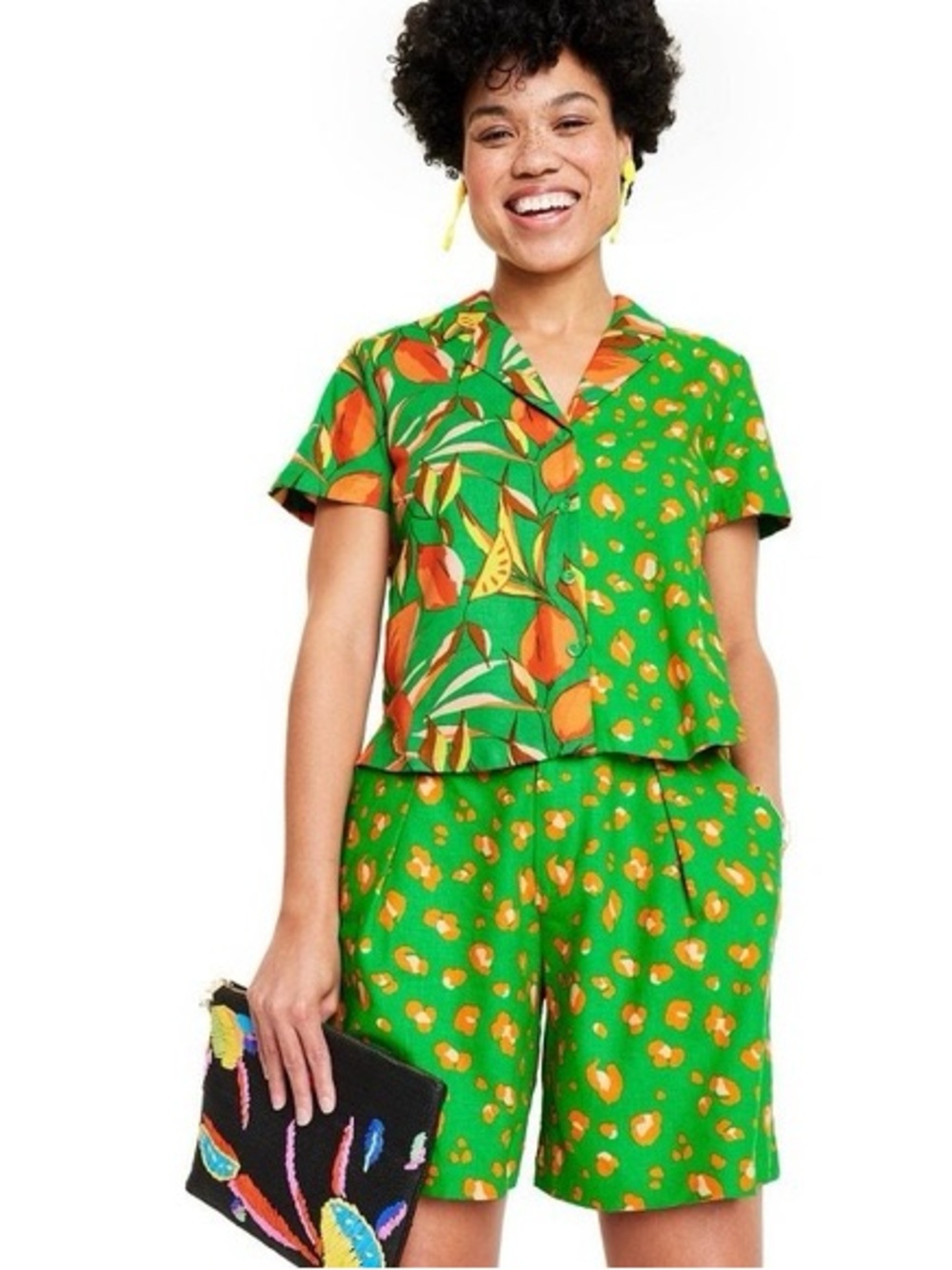 Woman’s Green and Orange Patchwork Floral Button-Down Linen Shirt - Picture 2 of 10